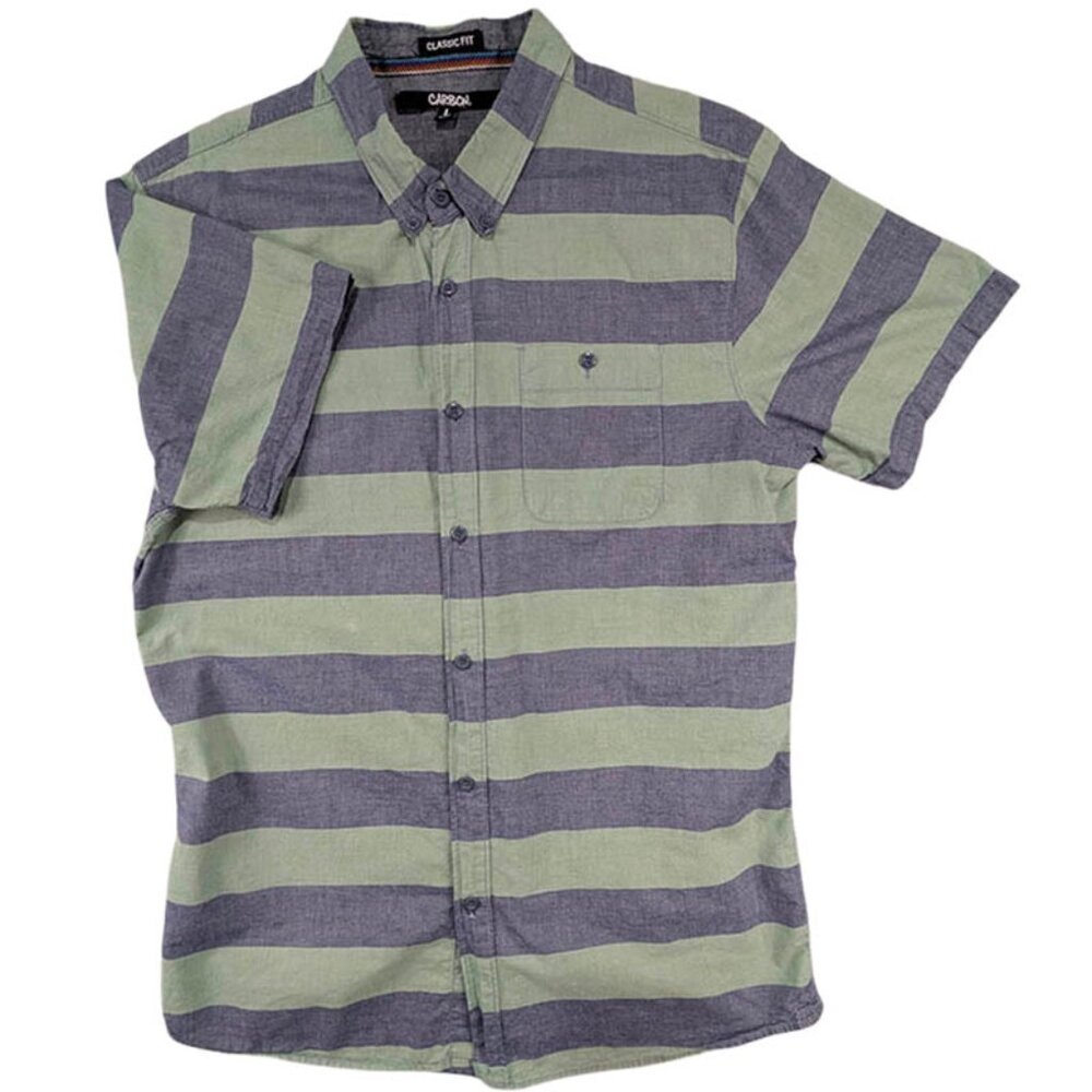 Carbon Button Up Shirt Mens‎ L Blue Green Stripe Skater Retro 90s Coastal Beach